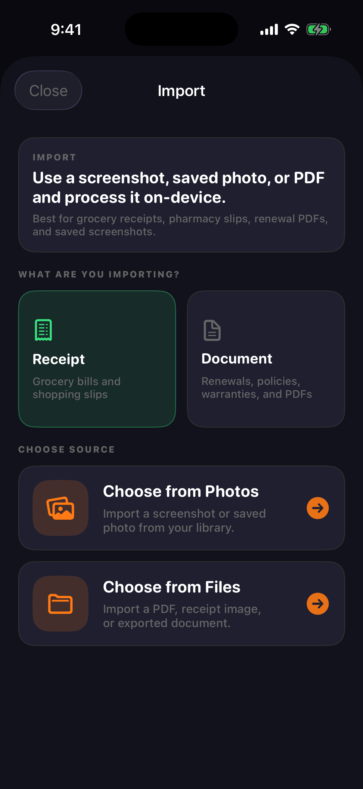Import screen of Shelf Date showing receipt, screenshot, and PDF import options