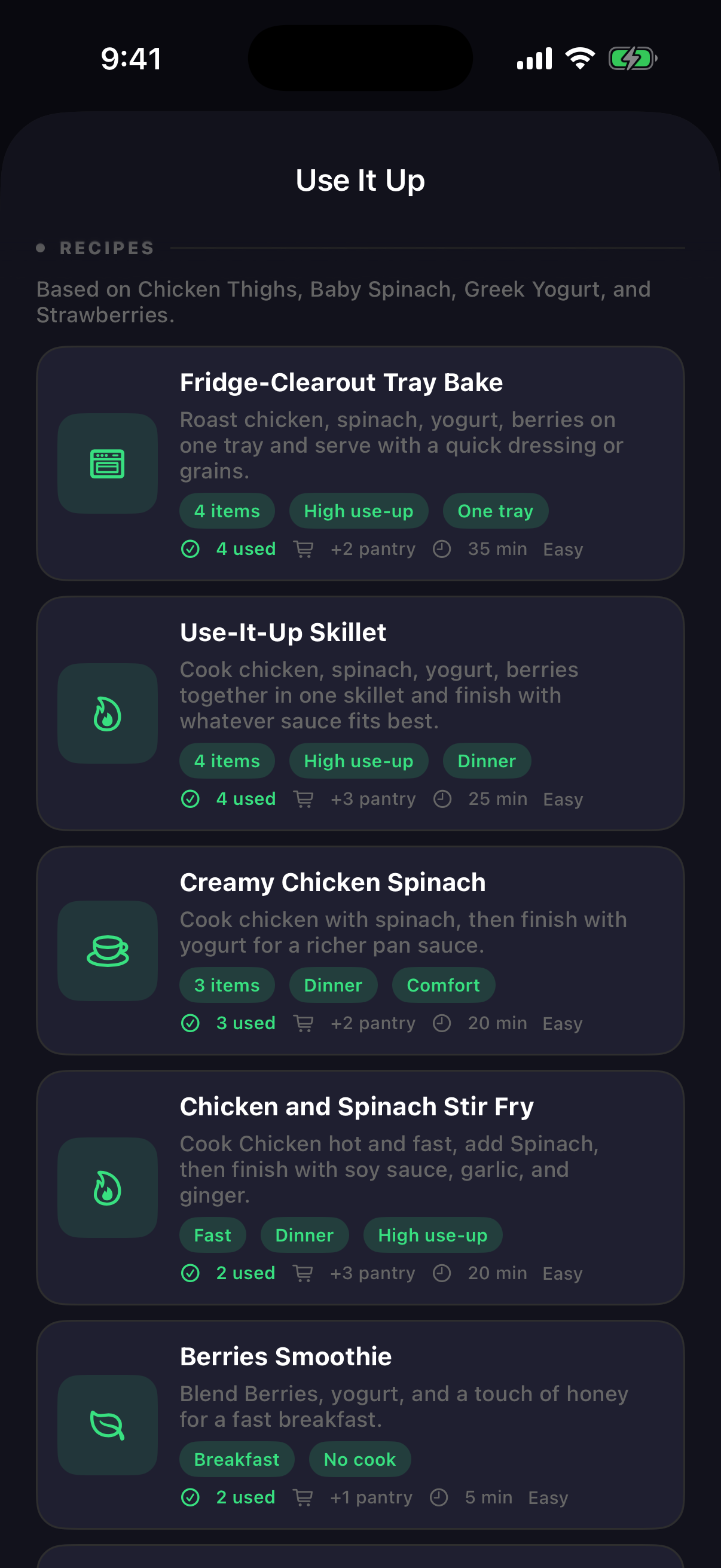Shelf Date Use It Up recipes screen with meal suggestions based on expiring food